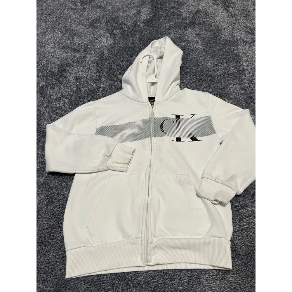 Calvin Klein Jeans Boys White Logo Full Zip Hoodie Sweatshirt Size M 10/12